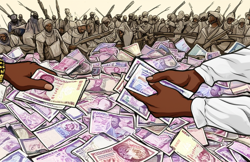 Illustration showing chaotic scenes of hyperinflation in Somalia during the civil war, with multiple unofficial Somali Shilling banknotes being exchanged, symbolizing economic disarray and worthlessness