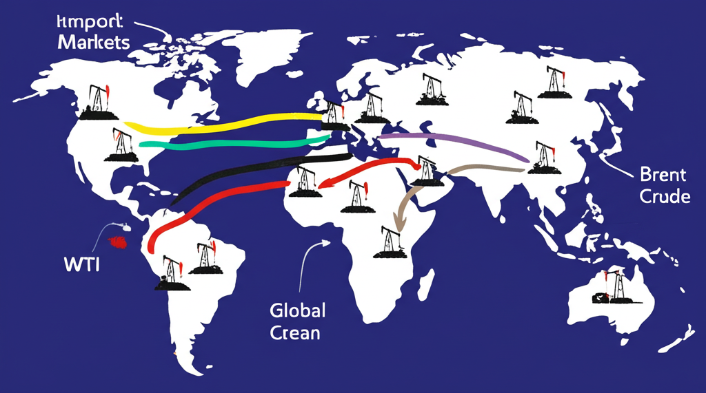 World map illustration showing oil derricks and pipelines, highlighting WTI and Brent crude oil benchmarks as central pricing references with flows of different oil grades into global markets