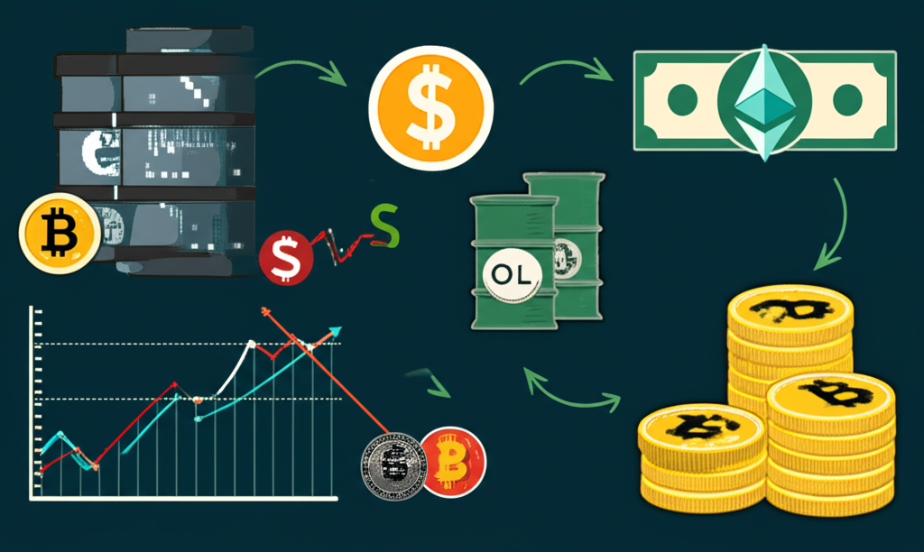 Illustration depicting various financial symbols like yen, dollar, stock charts, commodity barrels, and crypto coins, all connected by arrows showing money movement from low-yield to high-yield assets