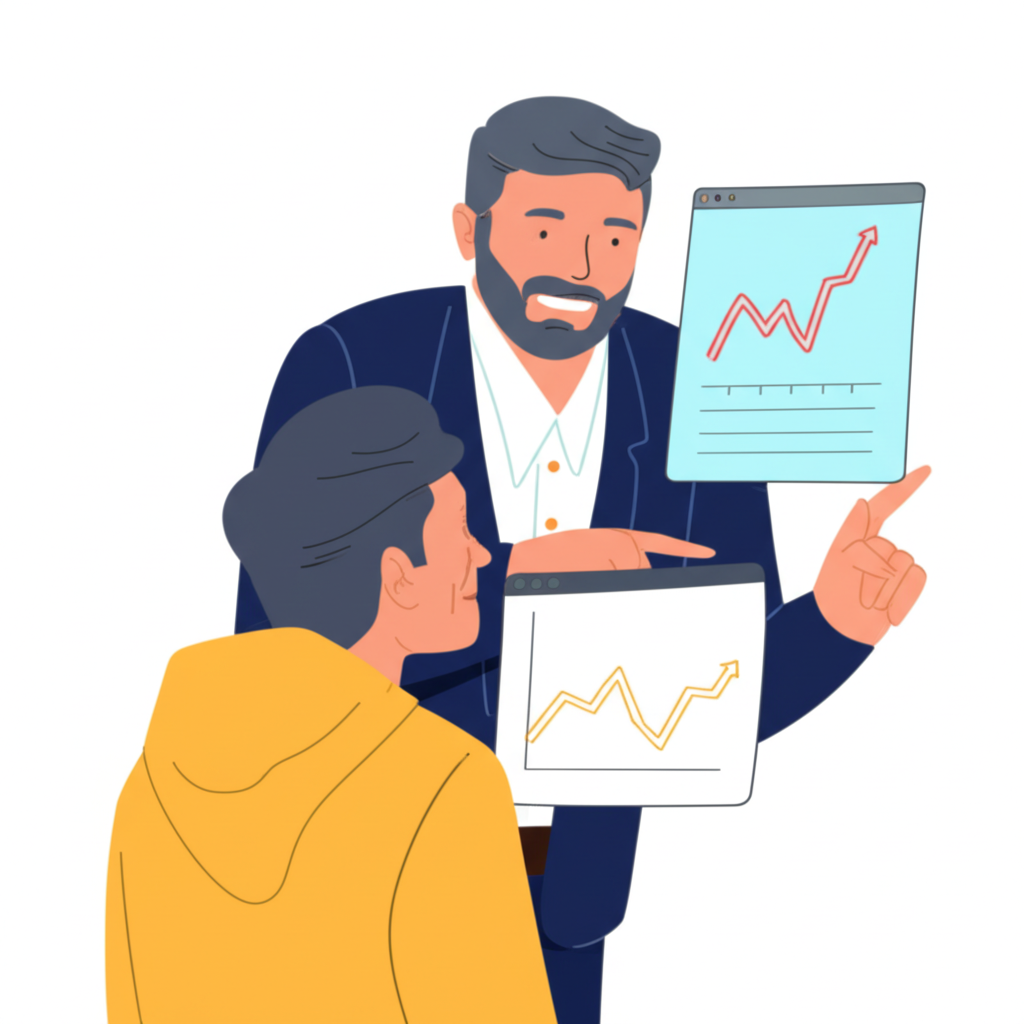 Illustration of an experienced mentor figure patiently guiding a less experienced trader, pointing towards market charts with clear strategies, emphasizing personalized education and practical insights