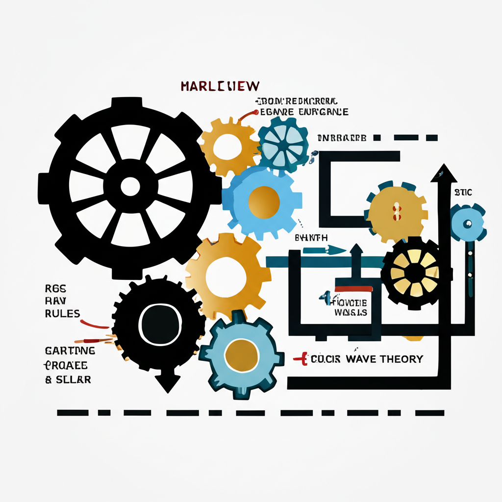 Illustration of Elliott Wave foundational concepts with interconnected gears symbolizing market logic