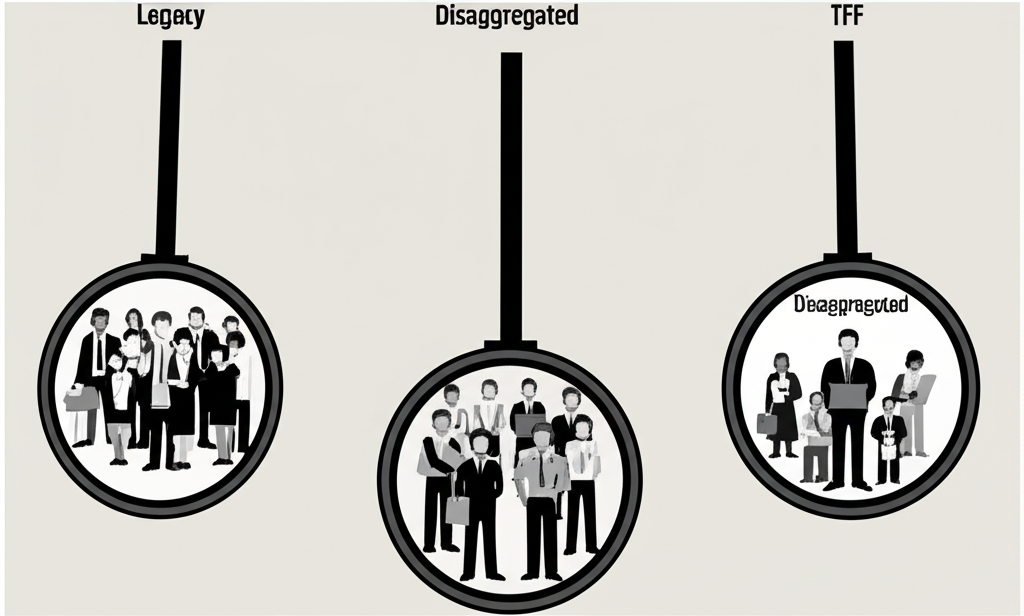 Illustration showing three distinct lenses or magnifying glasses, each labeled 'Legacy,' 'Disaggregated,' and 'TFF,' hovering over different types of market participants, representing the varied categorization in COT reports.