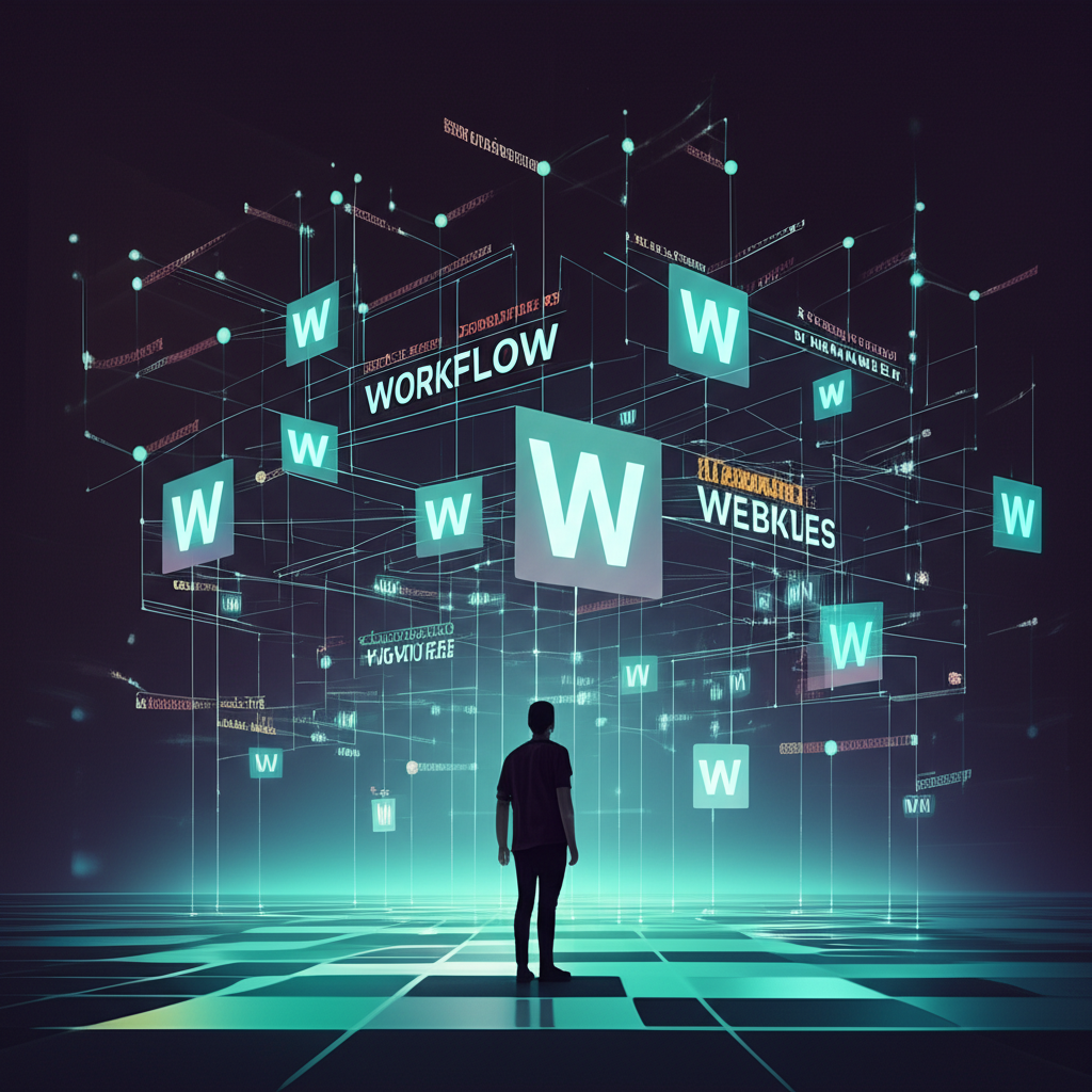 An illustration of a person navigating a complex digital landscape filled with 'W' tech terms, symbolizing understanding and mastery of technology vocabulary, in a clean, modern illustration style.