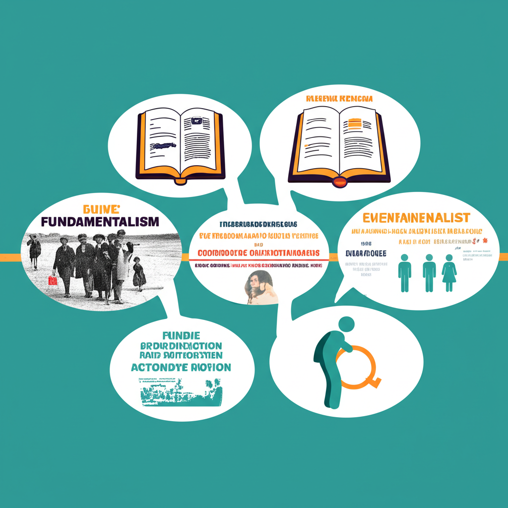 Historical timeline blending early 20th-century fundamentalism with modern online discussions on biblical literalism and gender roles