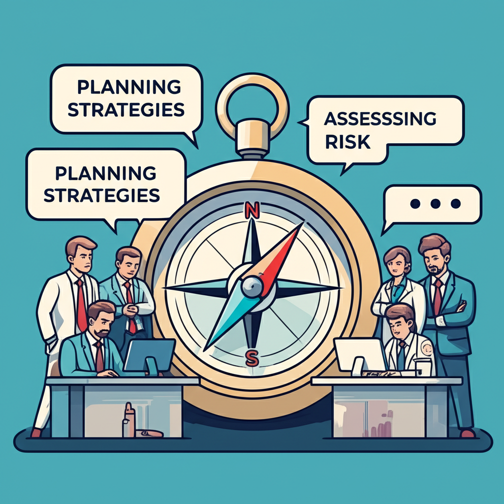 Illustration of financial market participants using a 'price discovery' compass with speech bubbles showing 'planning strategies' and 'assessing risk'