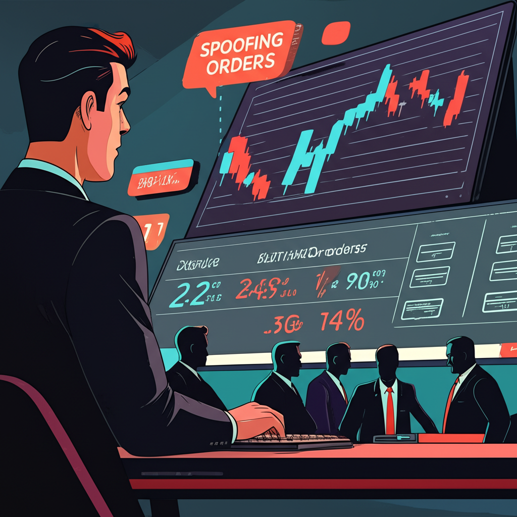 Illustration showing spoofing, front-running, and collusion in forex trading through visual metaphors on a digital screen and chat room