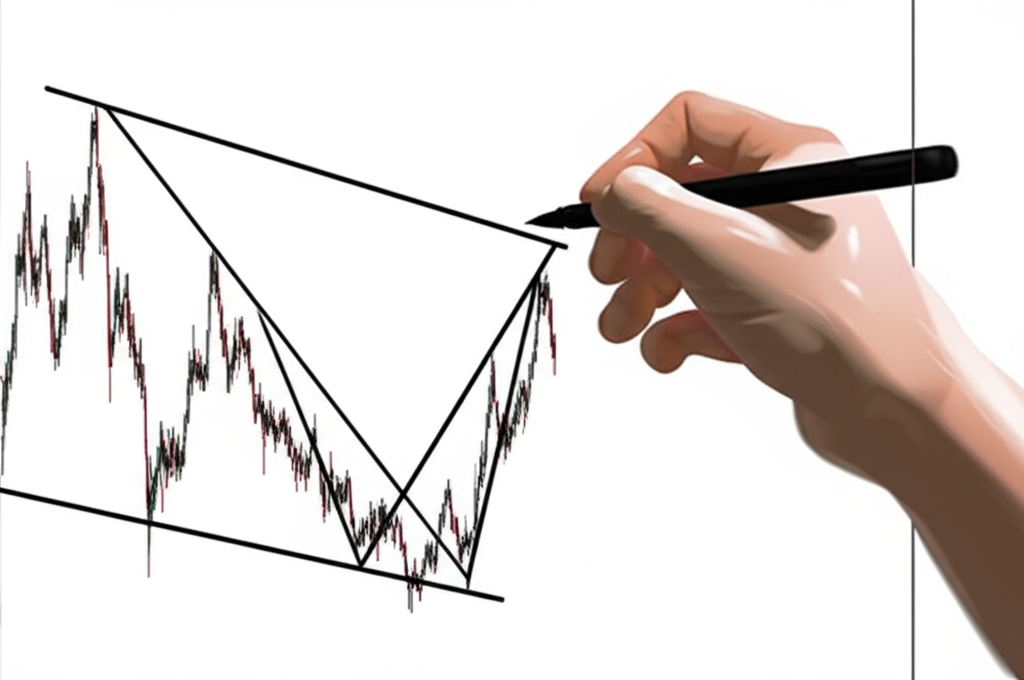 Hand drawing converging downward trend lines on a price chart, highlighting precise identification of resistance and support for accurate falling wedge recognition
