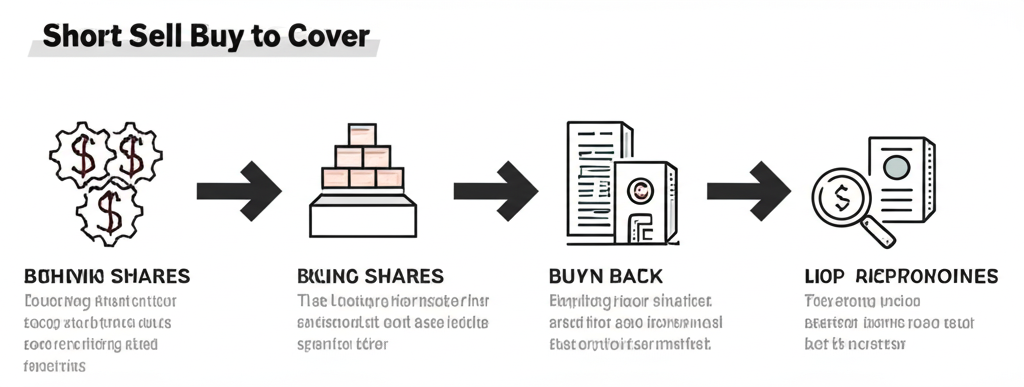 Illustration depicting the lifecycle of a short sell and buy to cover, with sequential steps: borrowing shares, selling them, monitoring price, buying back, and returning, showing a clear cycle with arrows, in a detailed infographic illustration style.