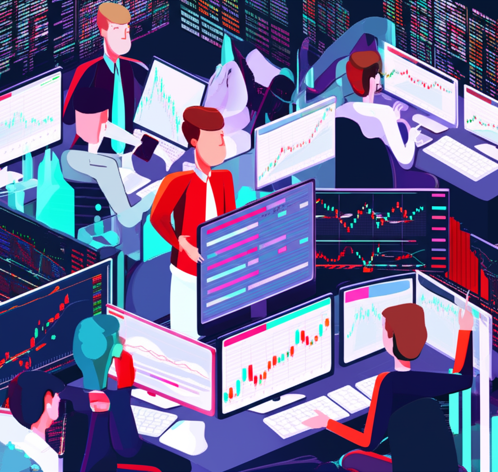 Illustration of a bustling financial market with traders, dynamic charts, and real-time news feeds showing the fast pace of asset trading