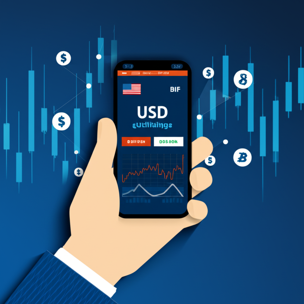 Digital currency converter screen showing real-time USD to BIF exchange rates with fluctuating graphs and global market symbols