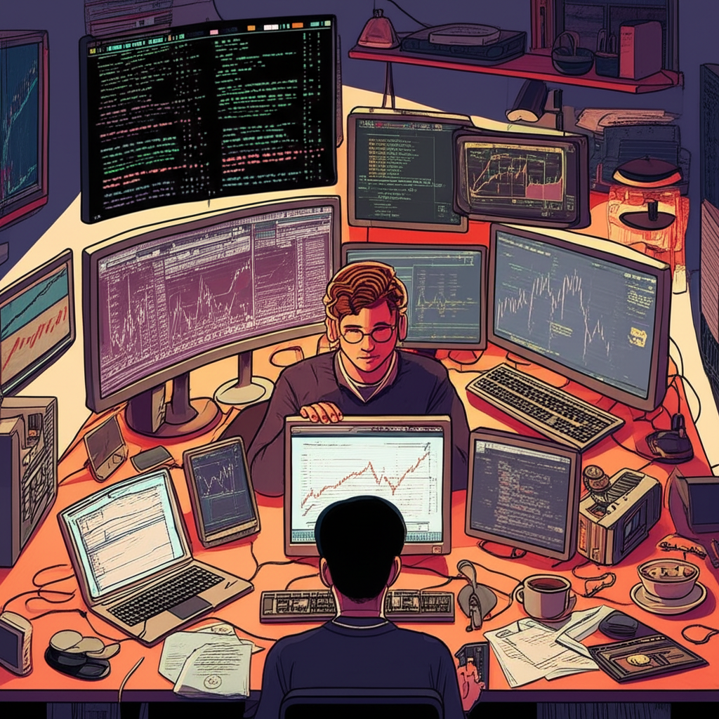 Illustration of Sam Bankman-Fried and early team in a Berkeley apartment running crypto arbitrage algorithms on glowing screens