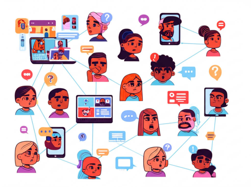 Network of digital devices and avatars representing online communities observing lifestyles, sharing experiences, and engaging in commentary