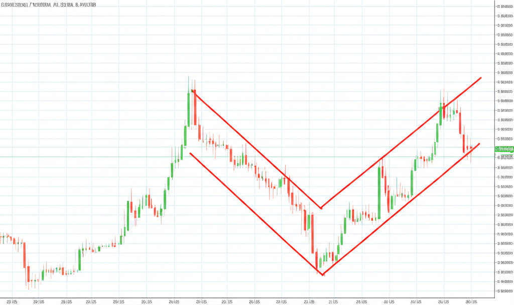 Financial chart illustrating a falling wedge with converging downward-sloping trend lines, showing lower highs and lower lows, symbolizing weakening selling pressure and tightening consolidation
