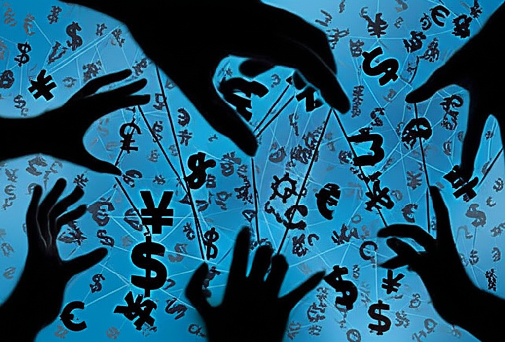 Illustration of a global forex market with hidden hands manipulating price charts and currency flows, symbolizing covert influence in trading