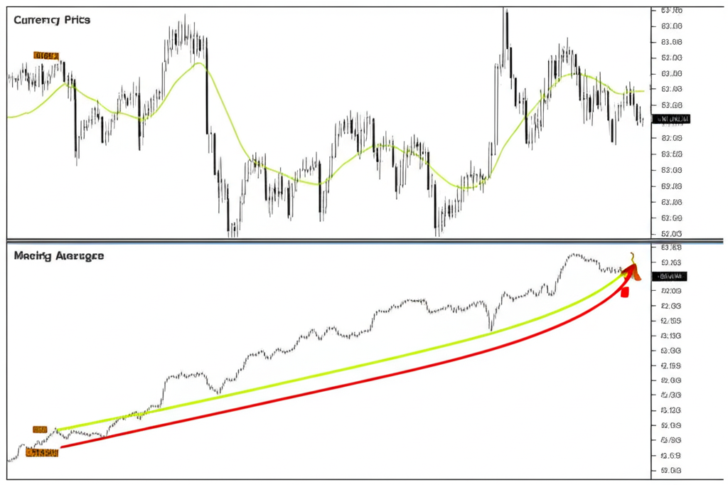 Comparison of raw price chart versus smoothed Moving Average line showing clear trend direction