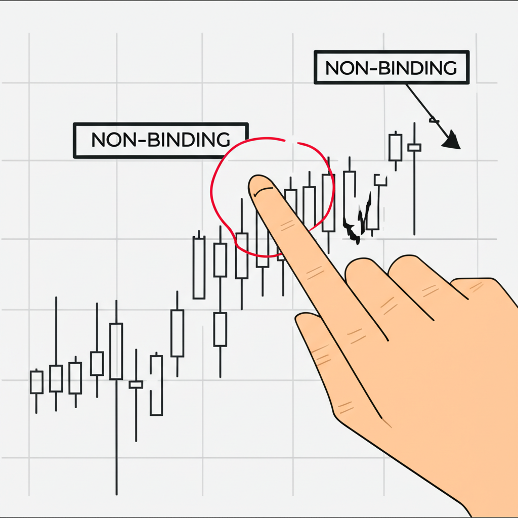 Illustration of a fluctuating price chart with a hand pointing to a 'non-binding' label, alongside icons for 'informational only' and 'for guidance'