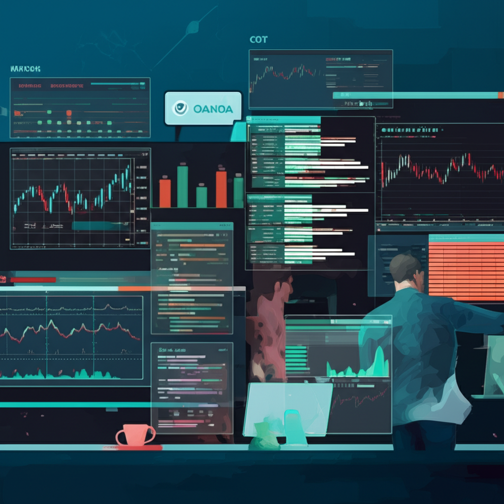 Digital screens showing Myfxbook, Oanda, and COT report data with a trader analyzing sentiment indicators