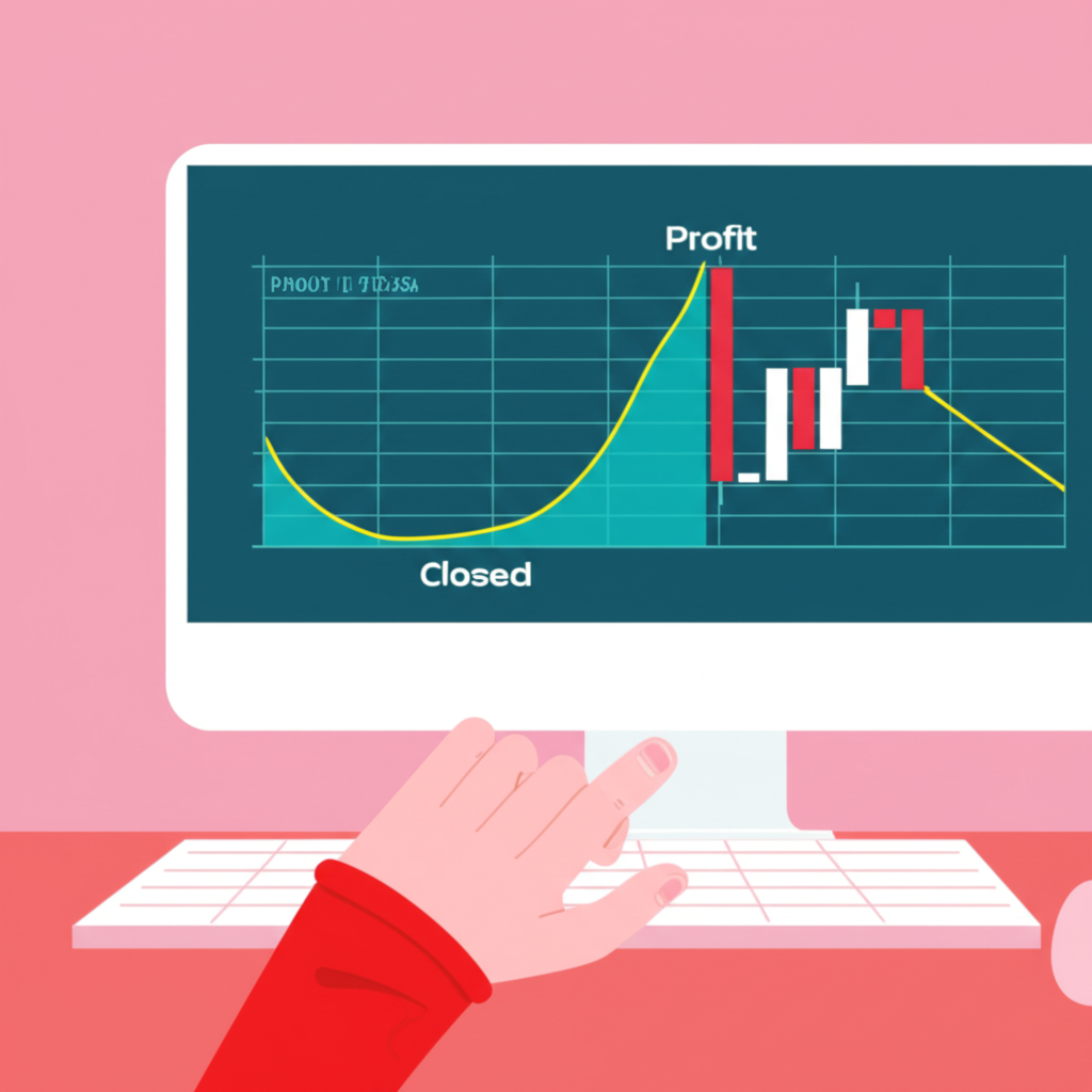 Illustration of a trader closing a short position on a computer screen, with graphs showing profit and loss, symbolizing risk management and market exposure in financial markets, in a modern, clean style.