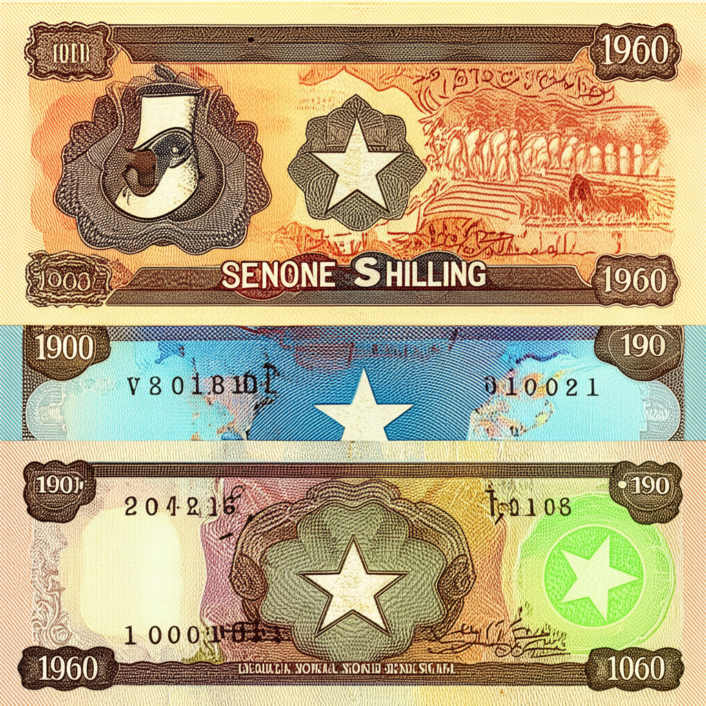 Illustration depicting early Somali Shilling banknotes from 1962, symbolizing newly independent Somalia's sovereignty, surrounded by historical elements representing its colonial roots and unification