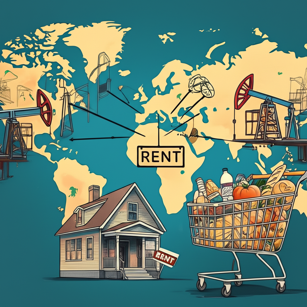 Illustration showing a global map, oil rigs, a house with a rent sign, and a grocery cart, symbolizing global and domestic forces shaping September CPI