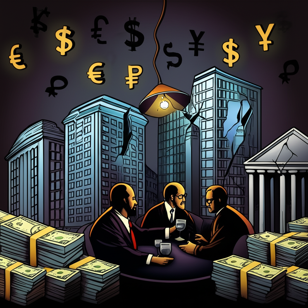 Illustration of the forex scandal with cracked bank buildings, conspiring traders in chat rooms, and stacks of fines, symbolizing systemic corruption