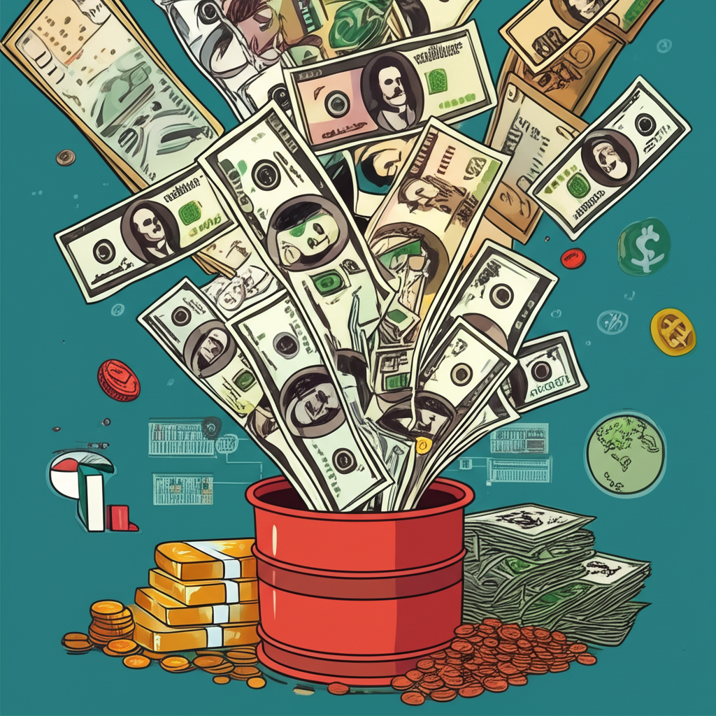 Visual representation of liquid financial instruments such as stocks, currencies, and commodities converting into cash, influenced by supply, demand, and global events