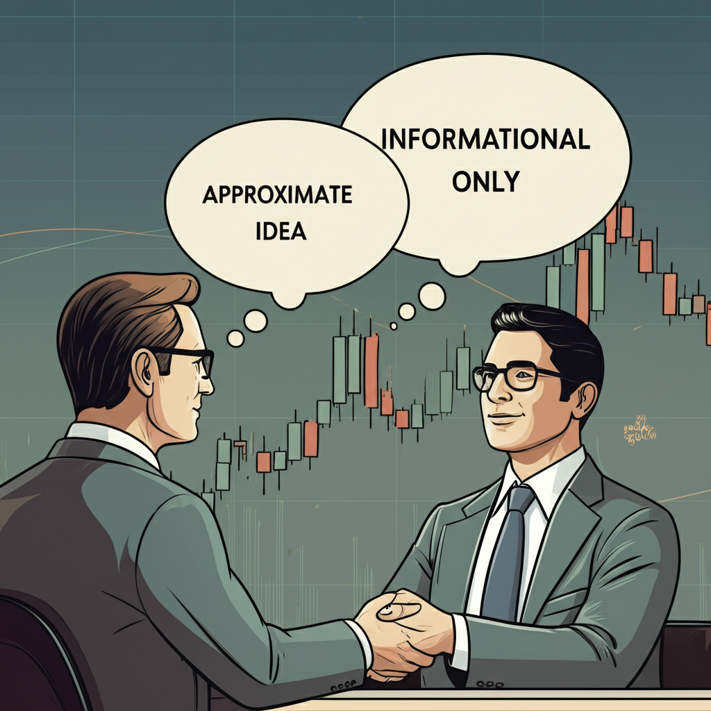 Illustration of a broker giving a preliminary, non-binding price quote to a client with thought bubbles showing 'approximate idea' and 'informational only' against a backdrop of financial market data