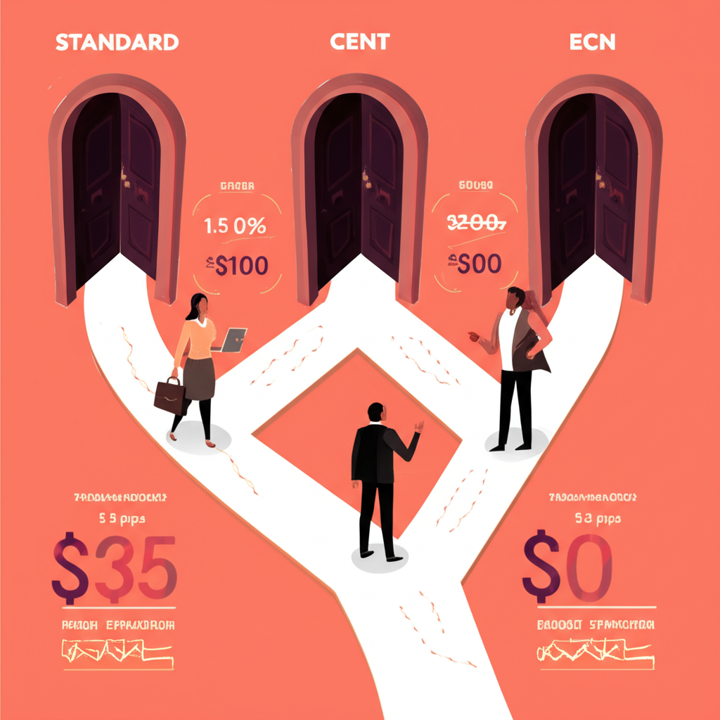 Visual representation of FBS account types: Standard, Cent, Zero Spread, and ECN with key features