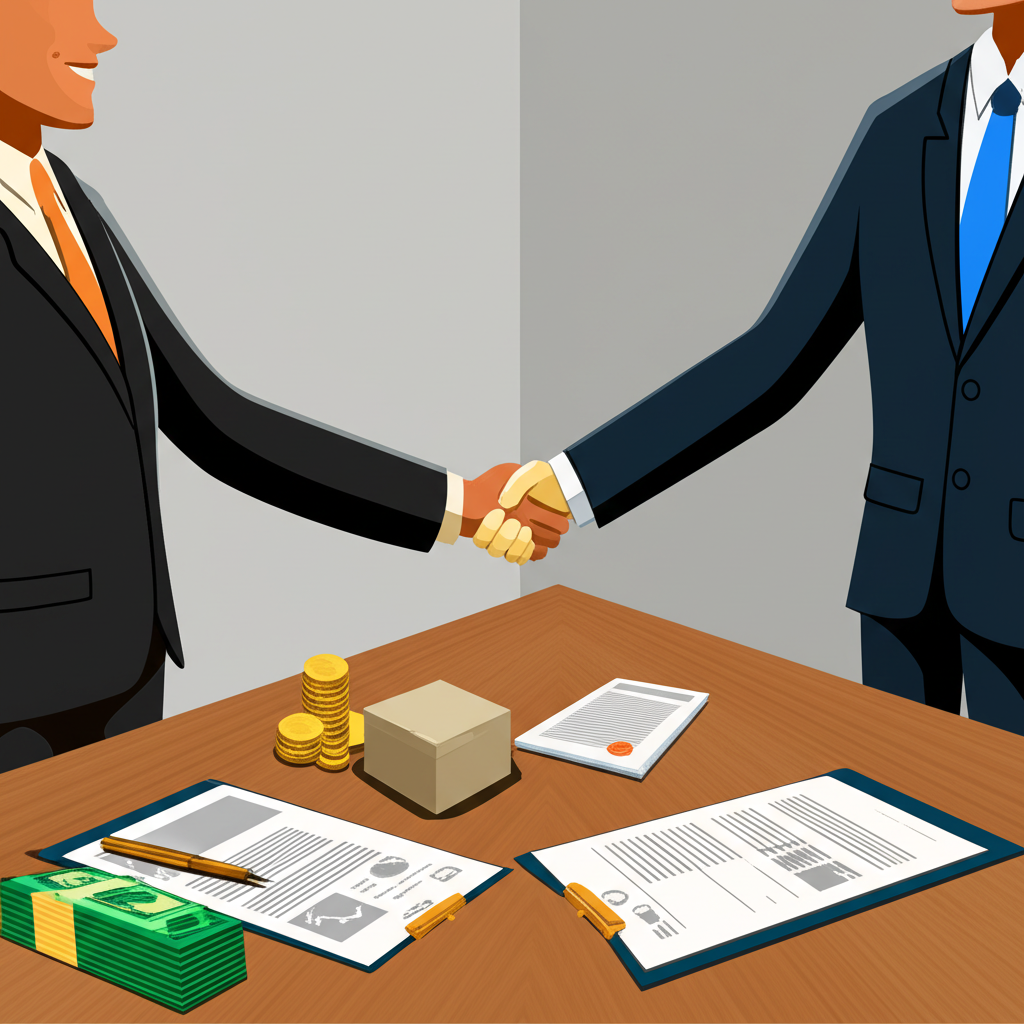 Illustration of two business entities shaking hands over a table with goods and financial symbols, representing a legally sanctioned, profit-driven exchange