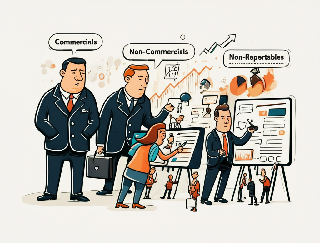 Illustration of a detailed breakdown of a commodity market, showing specific roles like a farmer (Producer/Merchant), a money bag icon (Money Managers), and other diverse figures, representing the granular view of participant activity in disaggregated COT reports.