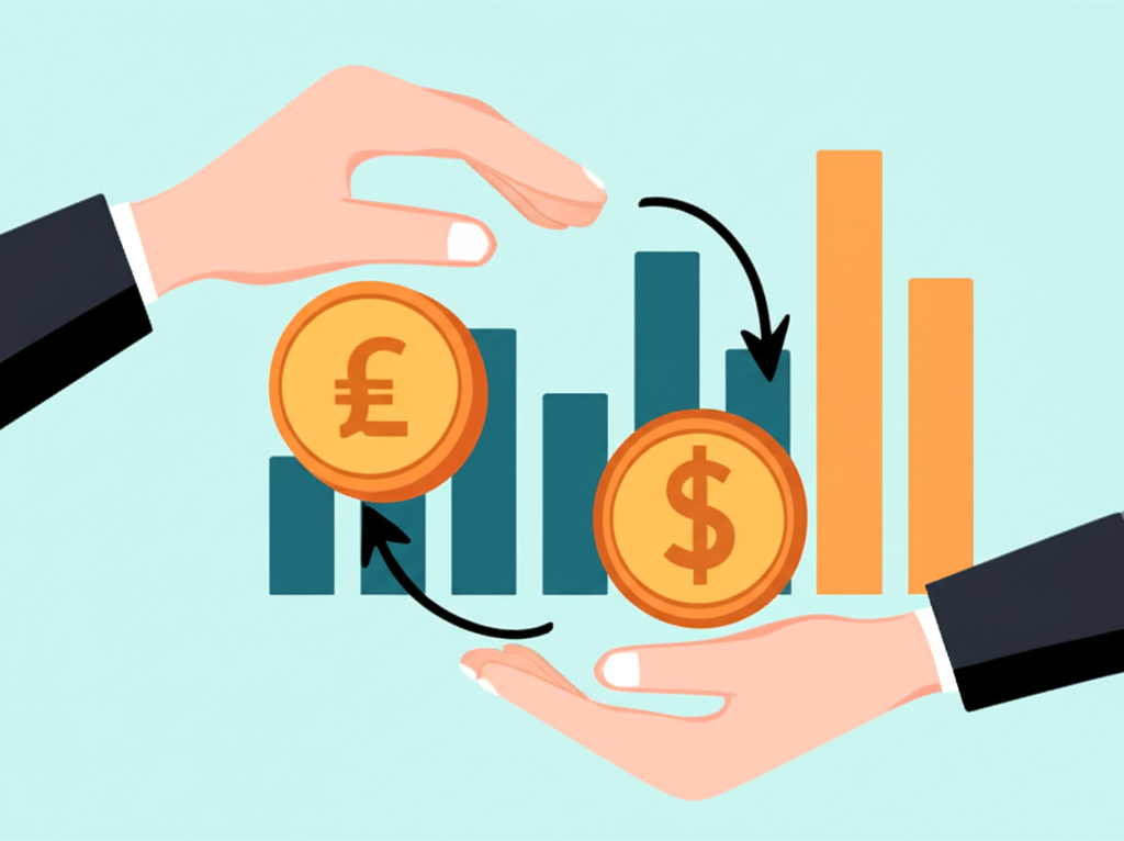 Illustration of hands exchanging a low-yield currency for a high-yield currency, with a visual representation of interest rate differentials and profit flowing, in an investment setting