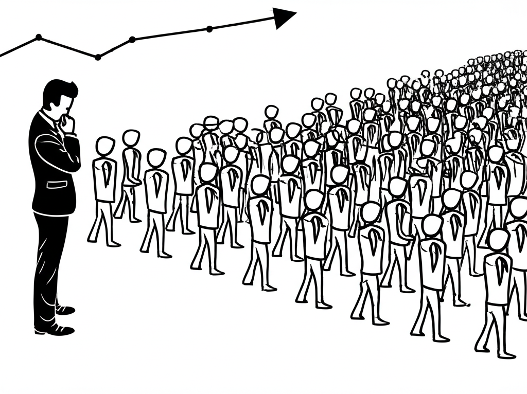 Illustration of a crowd moving in one direction while a single trader identifies a reversal against overextended positions