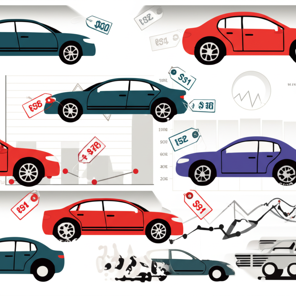 Illustration of vehicles being counted with economic charts in the background, symbolizing total vehicle sales and market impact