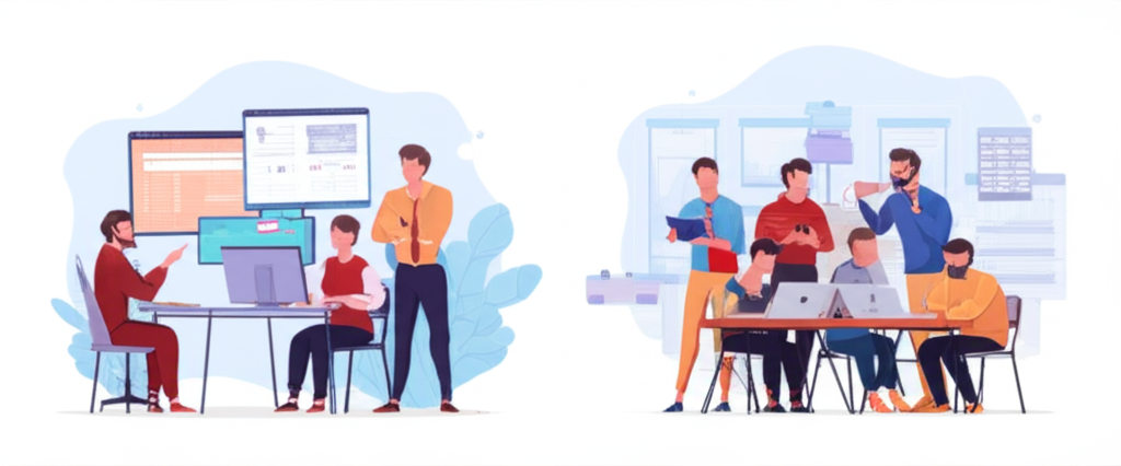 Illustration depicting two distinct learning scenarios: one-on-one mentorship with a mentor and mentee focused on a screen, and a group mentorship session with several traders collaborating, showcasing diverse learning structures