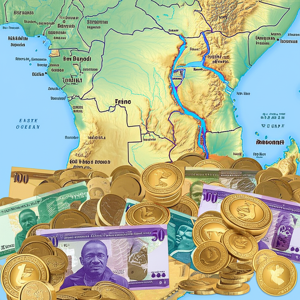 Illustration of Burundian Franc banknotes and coins with East African map background showing Burundi's location in the Great Rift Valley