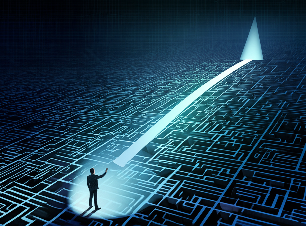 Illustration of a trader lost in a complex data maze, with a glowing beacon of mentorship guiding them towards a clear path, symbolizing structured guidance and accelerated learning