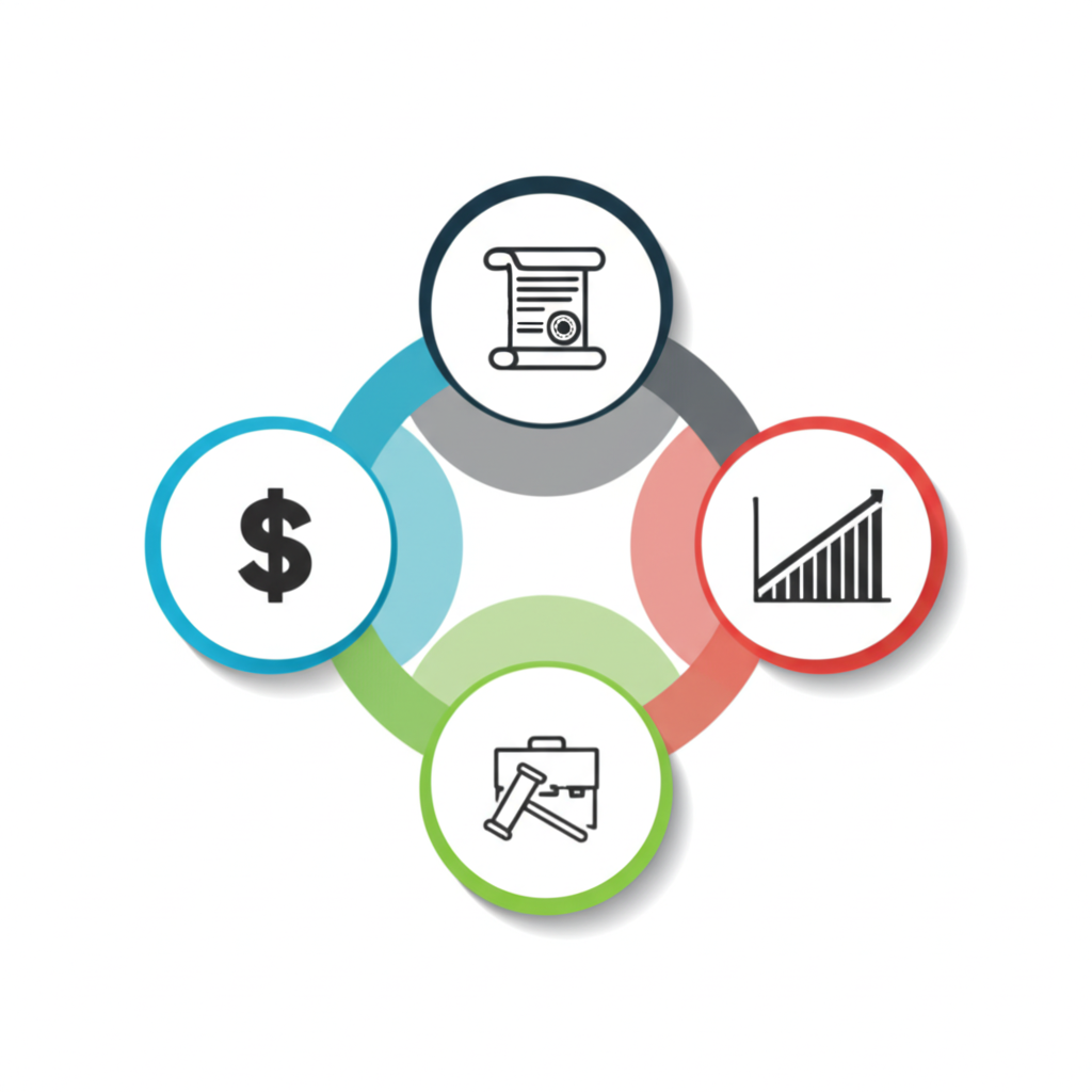 Abstract illustration of commercial trade characteristics: dollar sign, contract scroll, growth graph, briefcase, and gavel, interconnected