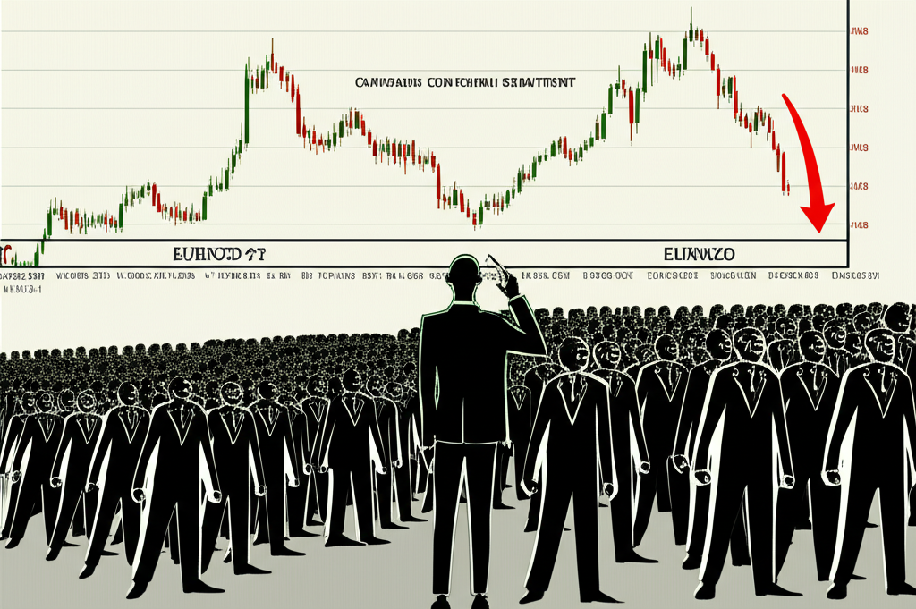 Illustration of a herd of retail traders following an EURNZD trend while a contrarian trader observes a reversal signal at extreme sentiment