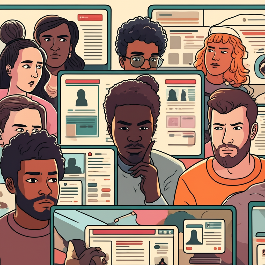 Illustration of diverse people observing various digital screens, reflecting the multifaceted engagement with 'keeping fundies' and religious fundamentalism in online culture