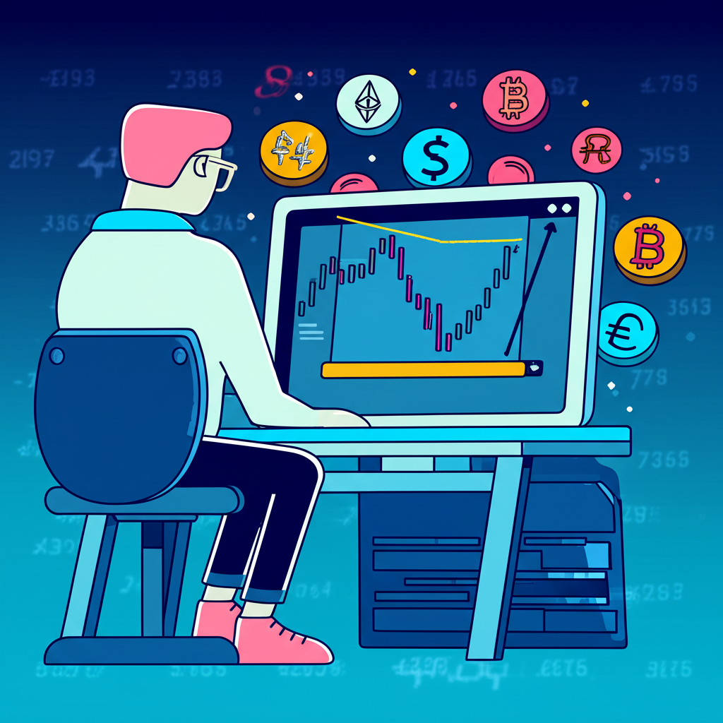 Illustration of a trader analyzing a falling wedge pattern on a financial chart, with symbols of stocks, crypto, and forex indicating potential profit opportunities