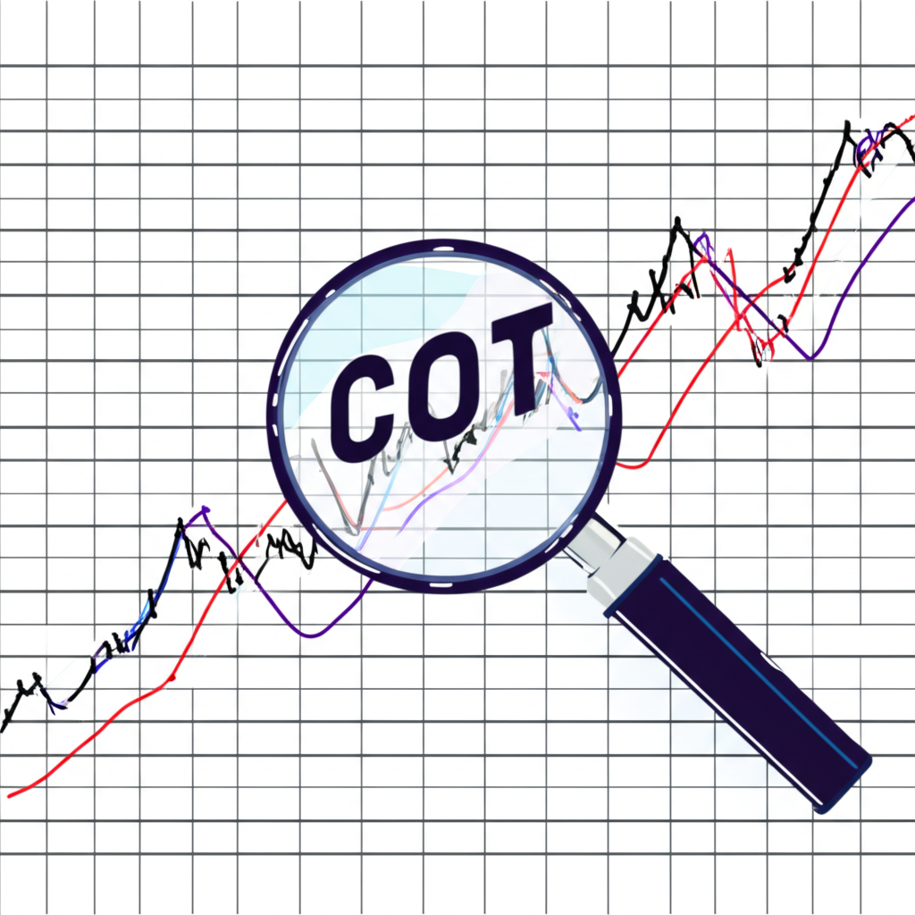Illustration of a magnifying glass over a complex financial chart with various lines and arrows, symbolizing the COT report bringing transparency to market sentiment and predicting price movements in futures and options.