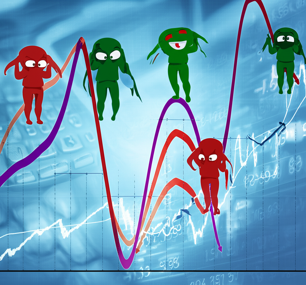 Market chart showing fractal Elliott Wave patterns influenced by emotions like fear and greed