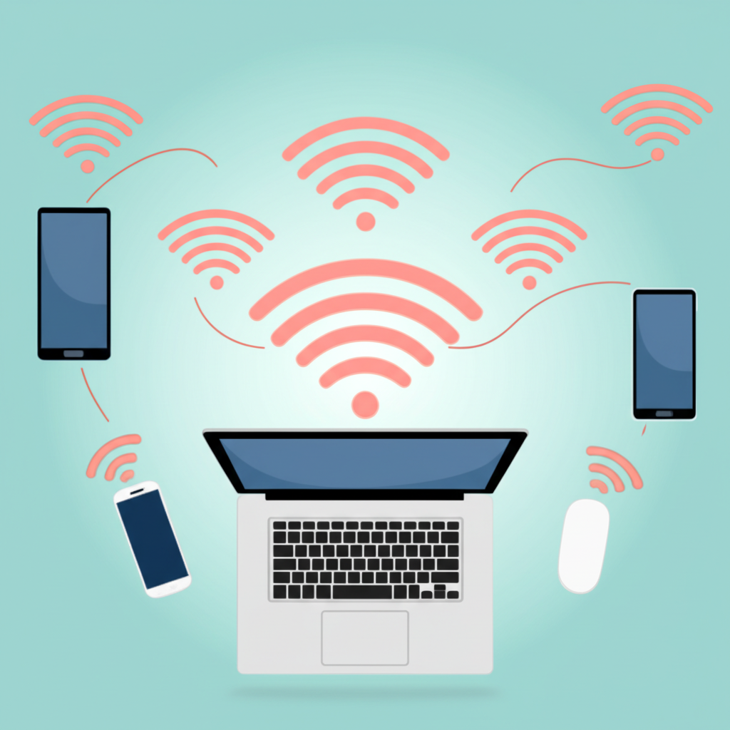 An illustration showing various devices like smartphones and laptops wirelessly connecting to the internet via Wi-Fi signals, represented by flowing lines, without physical cables, in an illustration style.