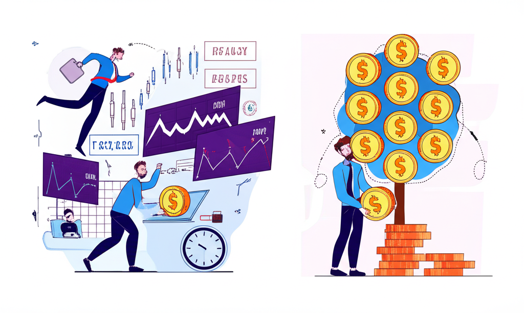 Side-by-side illustration comparing a dynamic trader focused on short-term charts and rapid decisions with a patient investor nurturing long-term financial growth