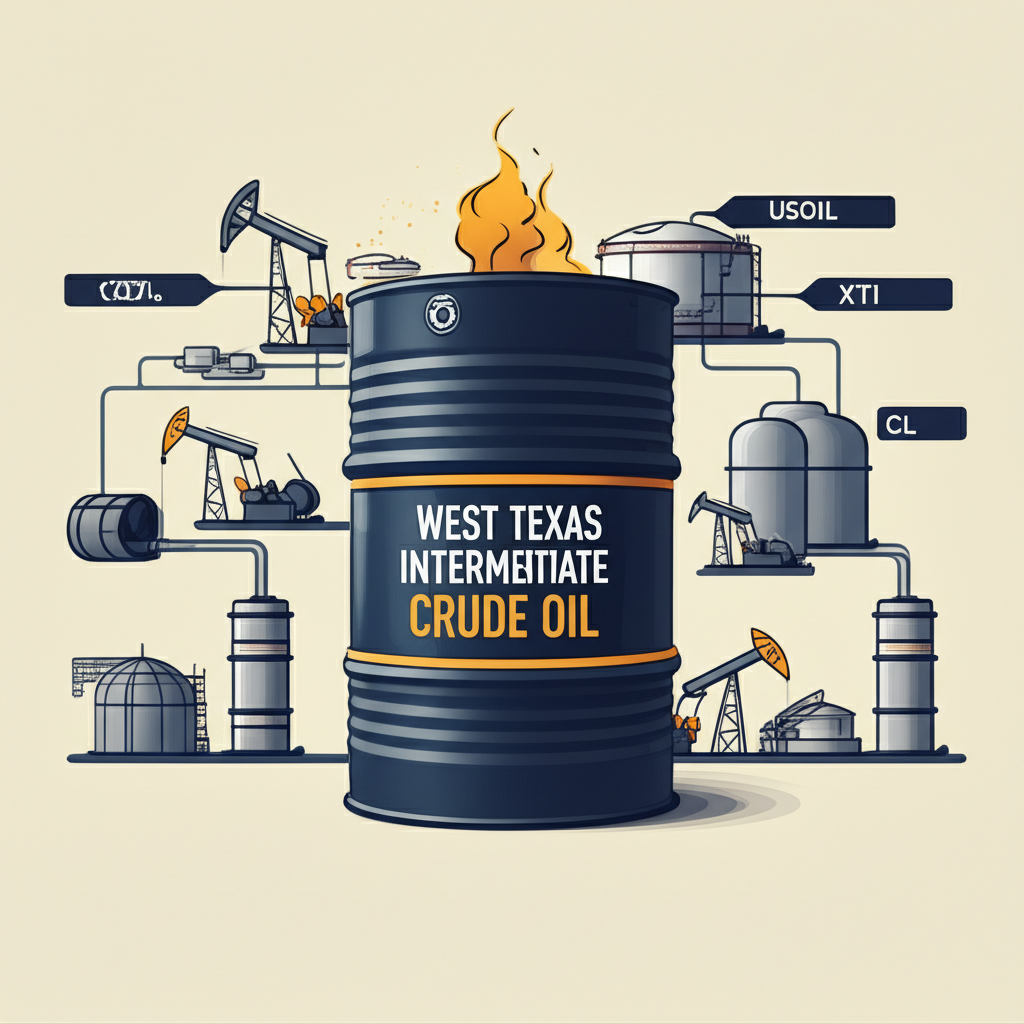 Illustration of West Texas Intermediate crude oil with Cushing, Oklahoma storage hub, pipelines, and a light, sweet crude barrel, emphasizing its role as the US benchmark and associated symbols like CL, USOIL, XTI