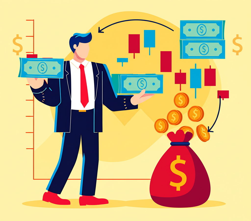 Illustration showing the 'buy to cover' process: a trader buying shares at a lower price after short selling, returning borrowed shares, and a money bag indicating profit, set against a stock chart, in a vibrant, conceptual illustration style.