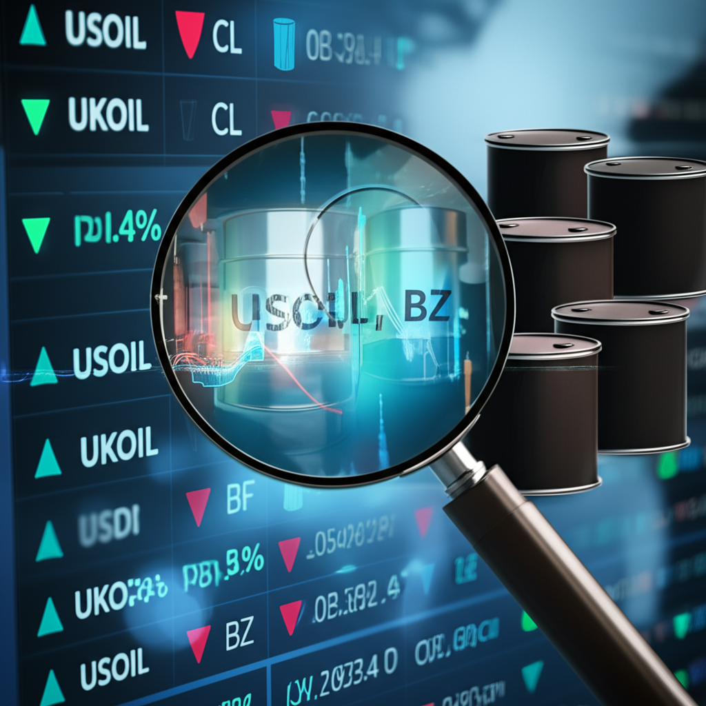 Digital trading screen displaying oil forex symbols like USOIL, UKOIL, CL, and BZ with global oil barrels and a magnifying glass highlighting the importance of understanding these identifiers in commodity trading