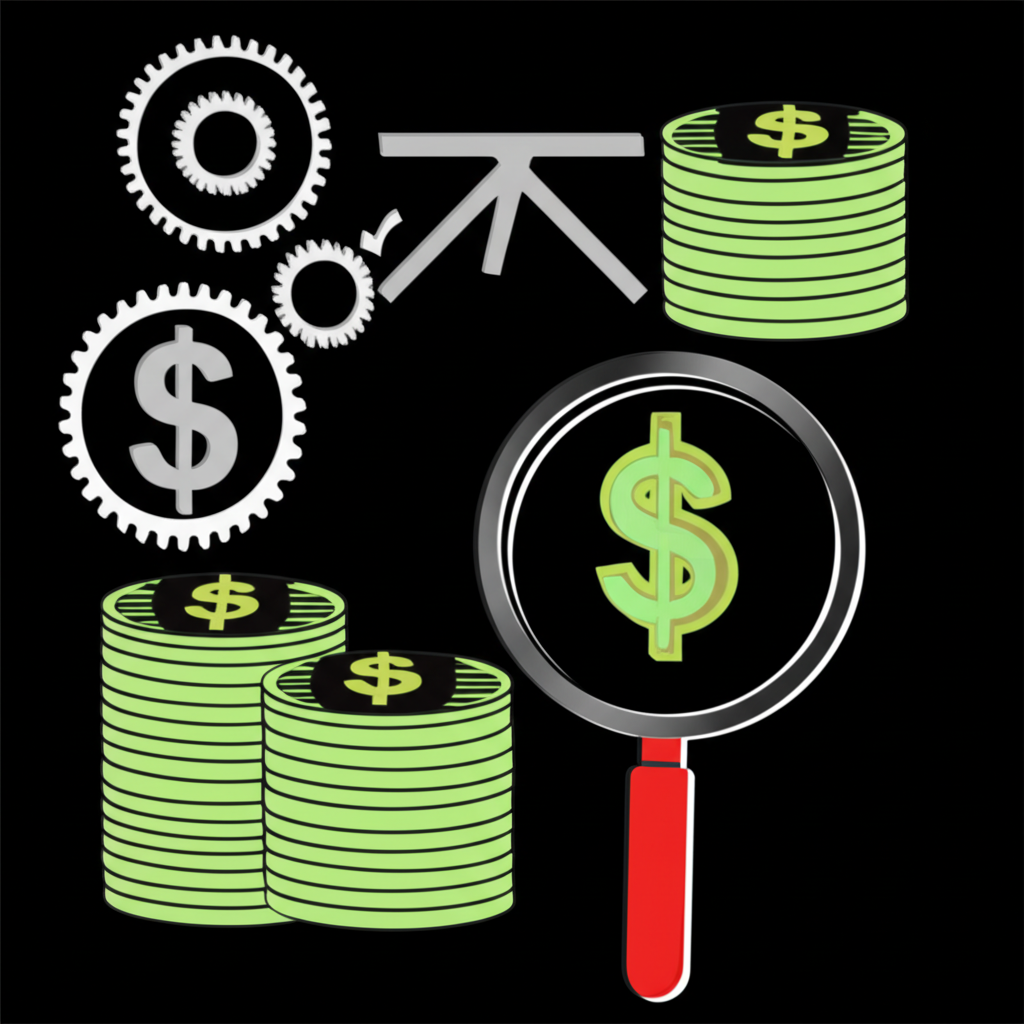 Illustration of a magnifying glass on two currencies with differing rates. Gears show borrowing, conversion, and investment. A lever represents leverage